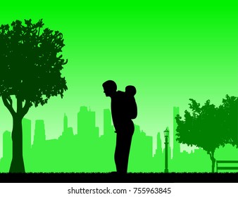 Father carrying a child piggyback in the park, one in the series of similar images silhouette