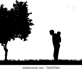 Father carrying a child piggyback in the park, one in the series of similar images silhouette