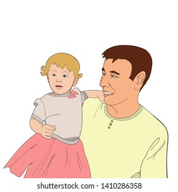 Father Carrying Daughter On His hands. Father's Day hand drawn illustration isolated on white. Family, Parent, Offspring, Love, Relationship