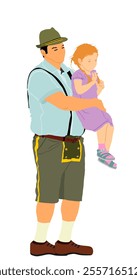 Father carrying daughter vector illustration isolated on white background. Man in traditional Bavarian folklore dress. Germany Alpine villager wear hat, shirt with suspenders, short pants and shoes.