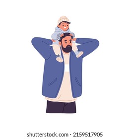 Father carrying happy son baby on neck. Dad and child sitting on shoulders. Daddy and cute little kid together. Man parent and toddler, family. Flat vector illustration isolated on white background