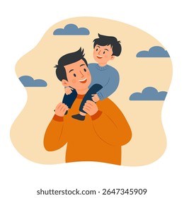 Father carrying happy son baby on neck. Asian man with his child sitting on his shoulders. Flat cartoon character, vector illustration.