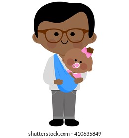 Father carrying his baby daughter in a sling. Vector illustration