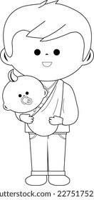 Father carrying his baby in a sling. Vector black and white coloring page.