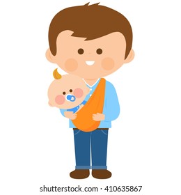 Father carrying his baby in a sling. Vector illustration