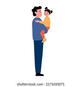 Father carrying his daughter in flat design. Dad child concept vector illustration.