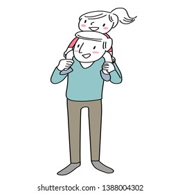 Father carrying his daughter on his shoulders. Happy man carrying little girl on his shoulder. Cheerful dad carrying cute little daughter over shoulder. Hand-drawn vector.