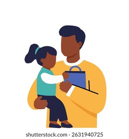Father carrying his daughter while she holds a shopping bag. Representation of education, support, and father daughter bonding