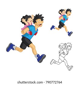 a father was carrying his daughter while running Include Flat Design and Line Art Version