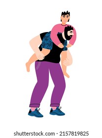 Father carrying his kid on neck. Parent spending time with his son. Vector flat illustration