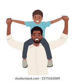 Father carrying his smiling son on his shoulders, Father and Son Bond. Flat vector illustration isolated on white background