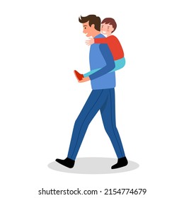 Father carrying his son on back in flat design on white background.