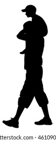 Father carrying his son on shoulders, vector silhouette illustration isolated on background.