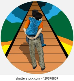 father carrying his son pass through the bridge life
