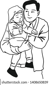 The father is carrying his son wearing a baby hood.