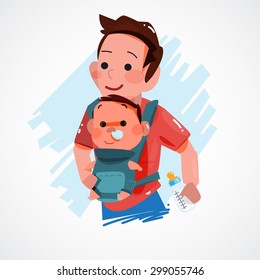 father carrying little baby. character design. super dad concept - vector illustration