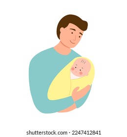 Father carrying little baby in flat design on white background. Dad and newborn baby concept vector illustration.