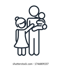 father carrying a little son and daughter family day, icon in outline style vector illustration
