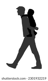 Father carrying son on back and walking vector silhouette illustration isolated. Parent time with son. Man holding boy in walk. Fathers day. Happy family closeness. I love my dad. Birthday celebration