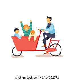 Father carrying three young kids on Dutch cargo bike. Vector flat illustration.