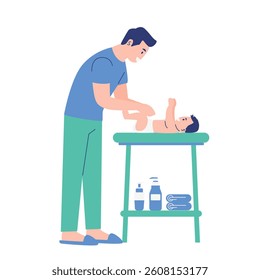 Father changing baby's diaper on table during infant care routine