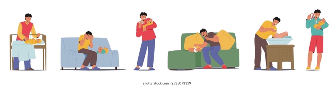 Father Character Engages In Heartwarming Moments With Newborn, Highlighting The Joys And Challenges Of Parenthood In Different Daily Situations and Loving Scenarios. Cartoon People Vector Illustration