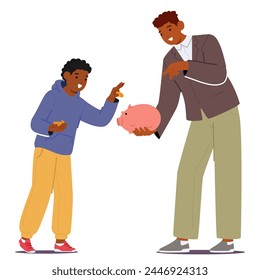 Father Character Guides His Son, Imparting The Value Of Saving By Dropping Coins Into A Piggy Bank, Teaching Financial Wisdom And The Importance Of Patience. Cartoon People Vector Illustration