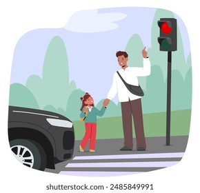 Father Character Holding His Daughter Hand While Crossing The Street At A Pedestrian Crossing With A Red Light Signal. Vector Illustration Emphasizes Road Safety And Family Care In An Urban Setting