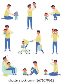 Father Character Nursing and Playing with Baby Vector Illustrations Set. Enjoying Fatherhood Concept