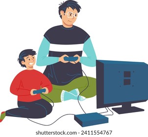 Father character play with children son in retro game console, interactive entertainment cartoon vector illustration, isolated on white. Smiling people together video game, funny spending time.