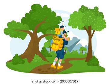 Father character together with son outdoor hike walk forest park mountain, cheerful spend time flat vector illustration, isolated on white.