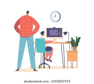 Father Character Watch Over Son Computer Use Monitoring Activity And Ensuring Safe Browsing, Vector Illustration