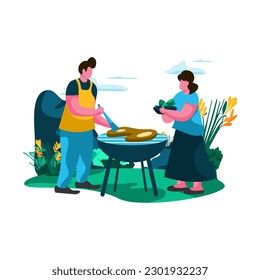 father and child barbecuing in the backyard Flat Illustration Minimalist Modern vector concepts for web page website development, mobile app