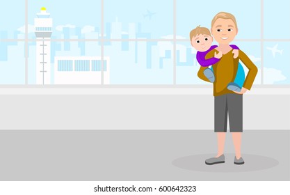 The father with the child behind his back is waiting for his flight. The passenger with suitcase. The runway of the airport of the glass. The plane flies in the sky. Flat illustration. Vector.