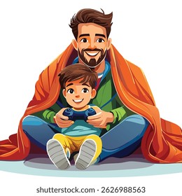 Father and child bonding over video games at home. A joyful and modern family moment showing connection, fun, and shared interests across generations in a cozy living room.

