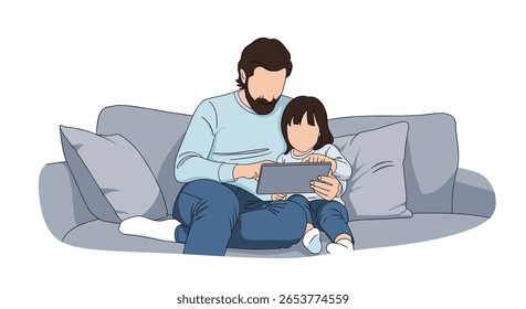 Ligação entre pai e filho ao usar dispositivos digitais juntos no sofá