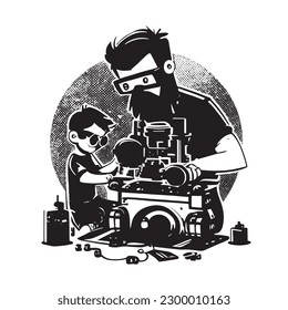 Father and child building a robot or doing a science experiment together