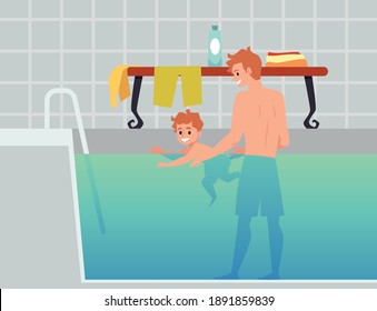 Personajes de dibujos animados para padres e hijos en la piscina aprendiendo a nadar, ilustración vectorial plana. Padre dando una lección de natación a su hijo y apoyándolo en la superficie del agua.