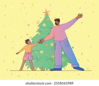 Father and Child Celebrating Christmas Decorating Tree with Ornaments. Festive Scene with Confetti Background. Holiday Concept in Vector Flat Style Illustration.