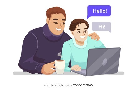 Father and child chatting online with laptop at home. Vector illustration