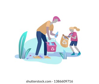 Father with child collect garbage, man and girl Recycle Sort organic Garbage in different container for Separation to Reduce Environment Pollution. Environmental day vector cartoon illustration