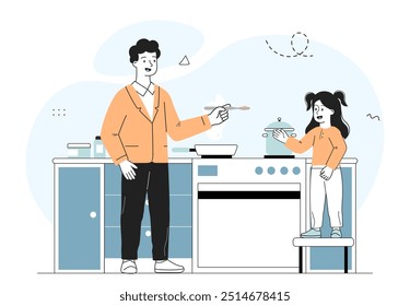 Padre e hijo cocinando. Hombre y niña cerca de la estufa con cacerola. Pequeño ayudante con las tareas del hogar y la rutina. Familia en la cocina. Ilustración vectorial lineal aislada sobre fondo blanco