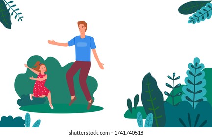 Father and child dance. Vector illustration with a man and daughter surrounded by leaves, space for text. Template for a postcard, banner, or poster.