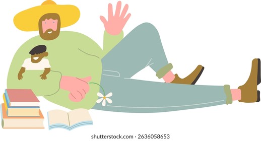 father and child in doodle style. illustration for postcard sticker poster print icon design mail