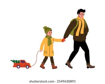 Father and child enjoying a winter walk while pulling a toy truck with a Christmas tree