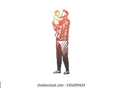 Father, child, family, love, dad concept. Hand drawn happy father with child on hands couple concept sketch. Isolated vector illustration.