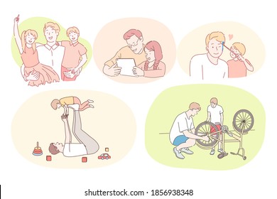 Father and child, fathers day, activities with children concept. Young men fathers playing with kids, watching movies, repairing bicycle, hugging and having fun together at home or outdoors 