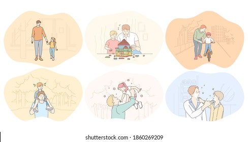 Father and child, fathers day, activities with children concept. Young men fathers walking in park, playing, having fun, building toy house, communicating and teaching children vector illustration 