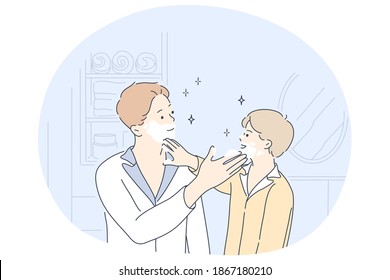 Father and child, fathers day, activities with children concept. Young positive man father having fun with little son during shaving in bathroom in morning at home vector illustration 