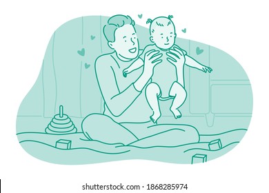 Father and child, Fathers day, activities with children concept. Young positive man father taking care of his little child at home, holding him on hands and playing in bed vector illustration 